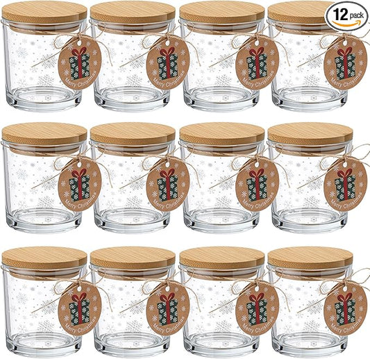 12 Pcs Christmas Glass Candle Jars 7 oz Glass Jars Empty Containers with Bamboo Lids and Christmas Cards for Candle Making Storing Biscuits Holiday Tea Party Favors