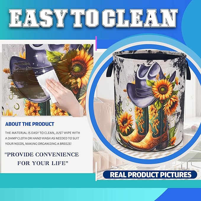 American Western Cowboy Hat Boots Laundry Basket Sunflower Oxford Cloth Laundry Hamper With Handle Foldable Portable Clothes Storage Basket 18.9 X 16.5 In Storage Bag For Laundry Room/Bathroom/Bedroom