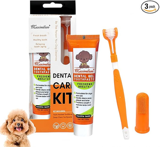 Dog & Cat Toothpaste Kit with Toothbrush & Finger Brush – 100g Vanilla Flavor Pet Toothpaste – Helps Reduce Plaque, Freshen Breath & Support Healthy Gums – Puppy & Adult Pet Dental Care