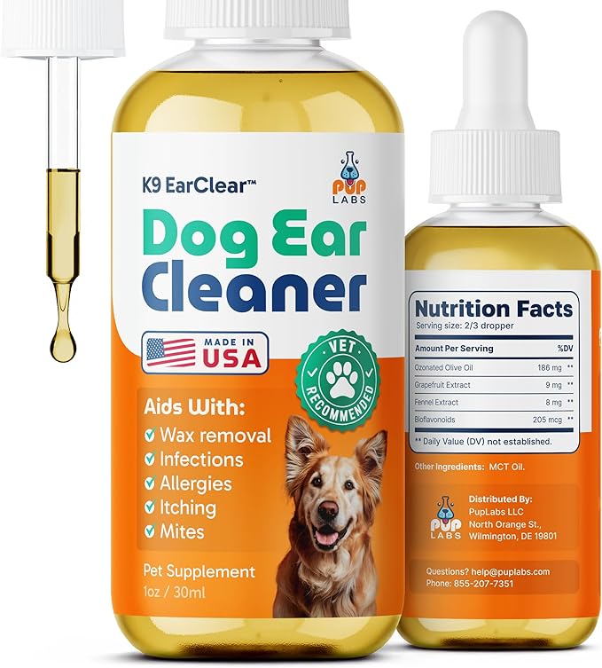 Ear Clear, Natural Dog Ear Cleaner and Infection Treatment for Dogs, Dog Drops for Itching, Irritation, & Wax Build-Up, 1 oz Bottle with Dropper