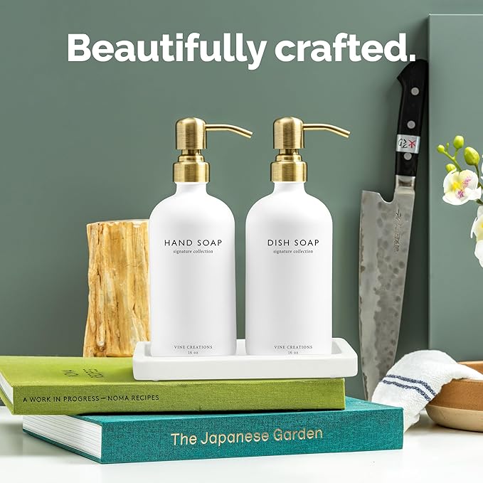 Vine Creations Glass Soap Dispenser Set, Kitchen Soap Dispenser Set with Ceramic Tray, 16 oz Dish Soap and Hand Soap Dispenser Set with Stainless Steel Pump Decor (White Bottle/Brushed Brass)