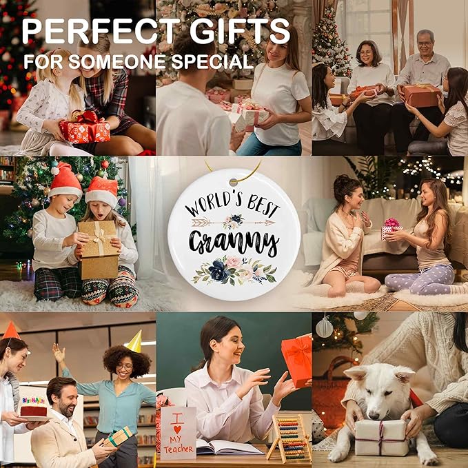 World's Best Granny Ceramic Ornaments Gifts, Grandma Grandmother Round Hanging Ornament Decor Decorations for Christmas Tree Car, Thank You Appreciation Gifts for Granny Birthday Holiday