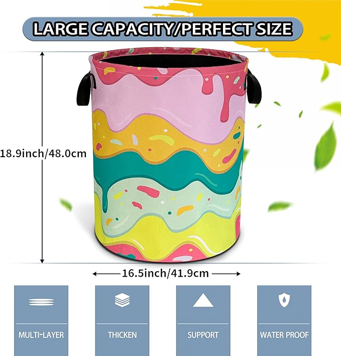 Ice Cream Laundry Basket Desserts Cartoon Pattern Foldable Oxford Cloth Funny Tote Bag Laundry Hamper Clothes Storage Bucket Toy Organizer For Bathroom/Laundry Storage/Bedroom18.9x16.5 In