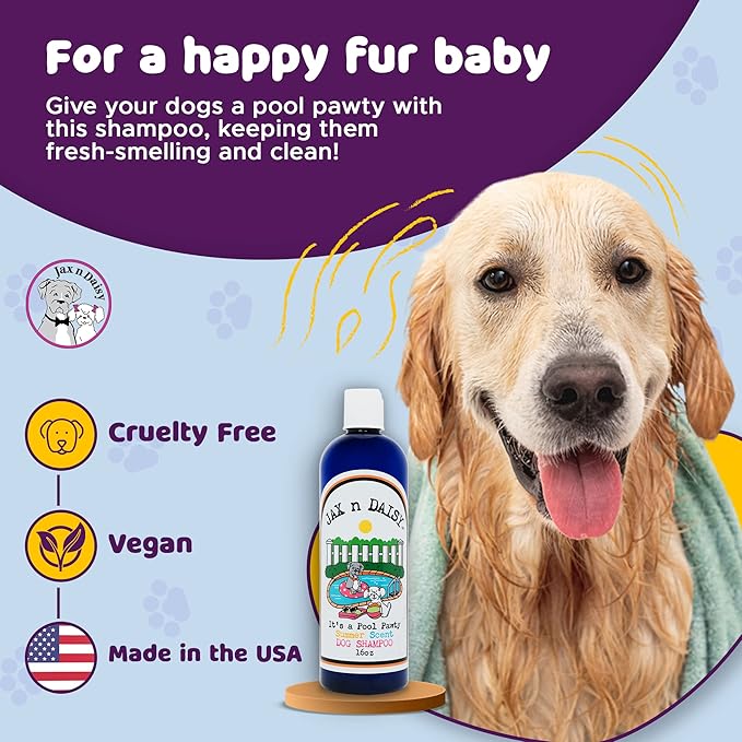 Jax n Daisy it s a Pool Pawty Summer Scent Dog Shampoo Essential Oil Shampoo for Dogs Gentle Dog Hair Cleanser Fresh Clean Cruelty Free Vegan Fur Made in The USA 16 oz