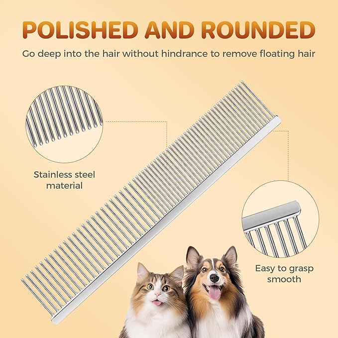 7.5 Inch Professional Solid Brass Stainless Steel Pet Dog Cat Grooming Comb,Wide & Dense Teeth for Removing Tangles, Knots,Undercoat,Excess Hair, Rounded Corners Design for Safe,Metal Dematting Tool