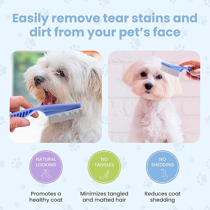 Dog Face Comb, Flea Comb for Dogs, Fine Tooth Tear Stain Remover Metal Comb, Removes Crust, Mucus, and Stains, Face Brush for Poodles & Other Breeds, Grooming Brush for Pets, Small [We Love Doodles]