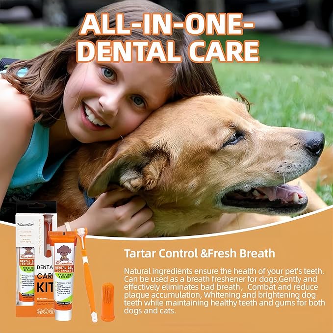 Dog & Cat Toothpaste Kit with Toothbrush & Finger Brush – 100g Vanilla Flavor Pet Toothpaste – Helps Reduce Plaque, Freshen Breath & Support Healthy Gums – Puppy & Adult Pet Dental Care