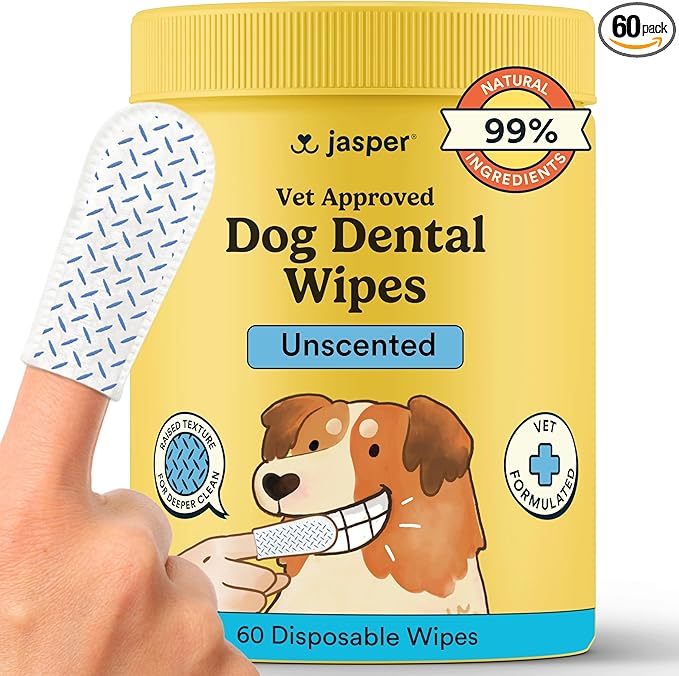 Jasper Dog Dental Wipes, Vet-Recommended All-Natural Finger Toothbrush Wipes for Dogs, Fresh Breath & Tartar Control in Seconds – No Brush and Toothpaste Needed, Unscented, 60 Count