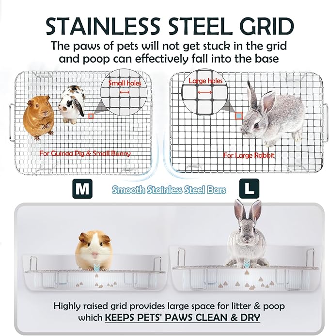 MEEXPAWS Rabbit Litter Box Stainless Steel, Large Bunny Litter Box with Raised Grid and Washable Pee Pad, Metal Litter Pan High Side for Rabbit,Small Animal Toilet Potty Tray Easy Cleaning,Less Stink
