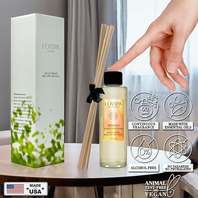 LOVSPA Refresh Sicilian Blood Orange Diffuser Oil - Luxury Essential Oils for Diffuser Refill & Air Freshener Room Spray - Natural Home Fragrance, Scented Oil for Diffusers, USA Made, 4oz