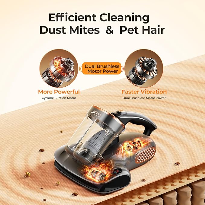 JIGOO Mattress Vacuum Cleaner with UV-C Light, Bed Vacuum Cleaner with Dust Sensor, Ultrasonic and High Heating, Deep Cleaning Bed Vacuum for Sofa Bed Fabric Surface (S100 Cordless)