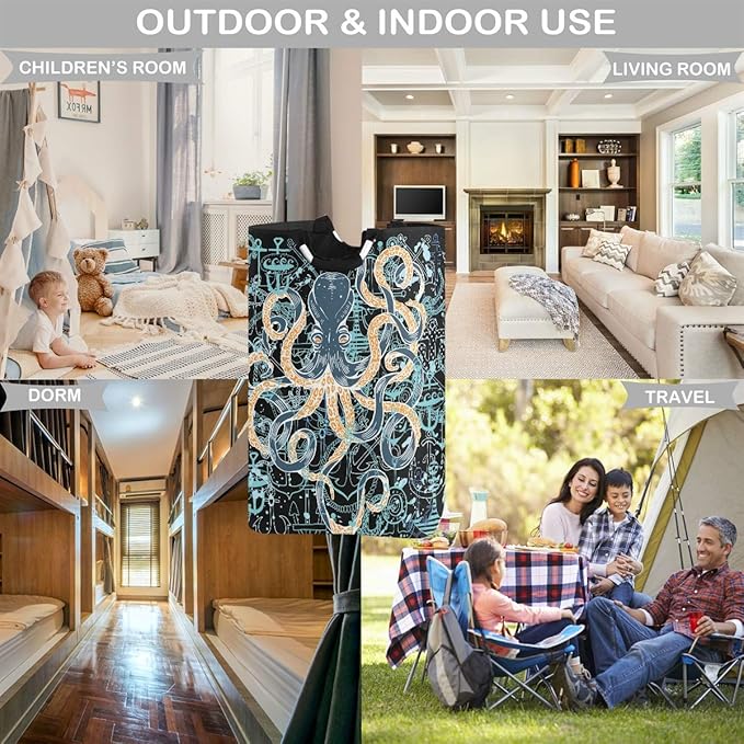 visesunny Vintage Octopus Anchor Large Laundry Bag Collapsible Oxford Fabric Laundry Hamper Foldable Portable Dirty Clothes Laundry Basket with Handles Waterproof Washing Bin Laundry Tote Bag