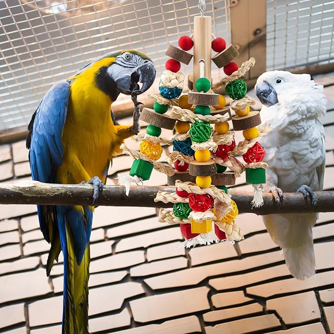 3 Pcs Extra Large Bird Parrot Toy Multicolored Natural Wooden Parrot Cage Chewing Toys for Large Medium Macaws Cockatoos African Grey Birds(Ring and Ball)