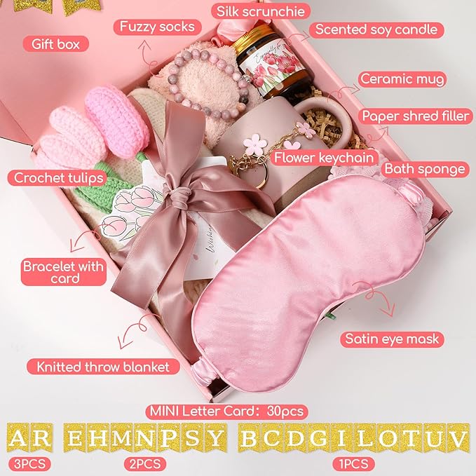 Zopeal Luxury Gift Box for Women, 12 Pcs Spa & Relax Set with Blanket, Mug, Candle, Socks, Hair Scrunchie, Keychain, Bath Sponge, Eye Mask, Greeting Card for Birthday, Thank You, Get Well Themed Gifts