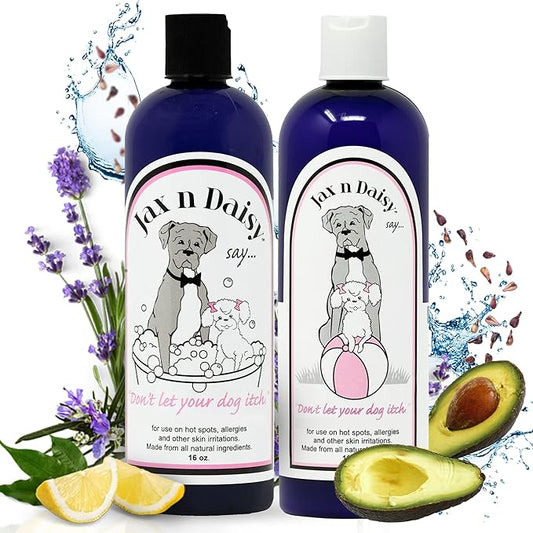 Jax n Daisy Soothing Dog Shampoo for Sensitive Skin Allergies and Itching Jumbo Pack with 16oz Shampoo and Lotion for Dry Skin Soothing and Smell Eliminating Dog 2 Packs