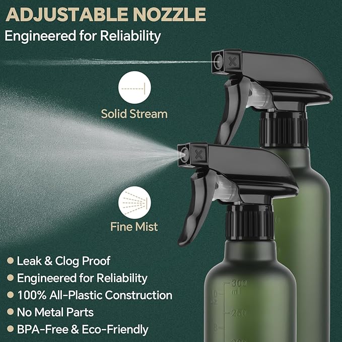 Leakproof Spray Bottles (2 Pack 10 oz), Adjustable Fine Mist & Jet Stream Nozzle, Premium BPA-Free Frosted Plastic Multi-Purpose for Hair, Plants, Cleaning (2 PACK GREEN)