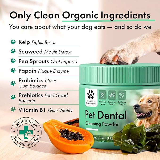 Dog Dental Powder – Dog Breath Freshener – Plaque Off and Tartar Remover for Dogs, Bad Breath Treatment, Natural Tooth Cleaning Powder for Dogs of All Breeds and Sizes – Oral Care Supplement for Pets