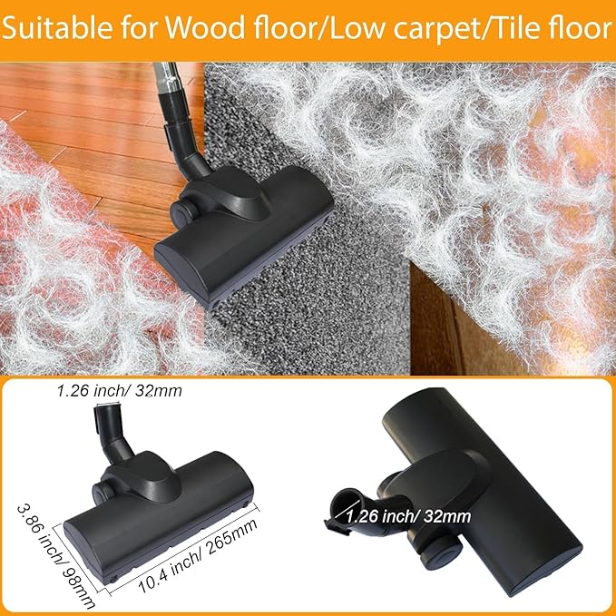 Universal 1.25 Inch (32mm) Turbo Brush Head for 1000W+ Vacuum Cleaners Using 1-1/4'' Accessories - Easy Pet Hair Removal -Works on Low Carpet, Area Rugs & Hardwood Floors