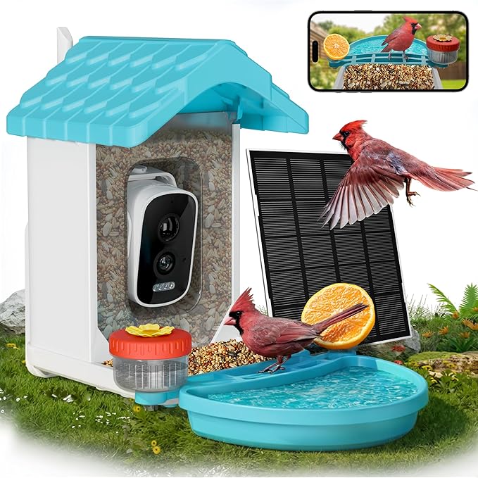 2-in-1 Smart Wild Bird Feeder & Bath with 4K HD Camera, AI Identification Solar Bird Feeder Watching Camera Night Vision for Outdoor Birds Watching Gifts for Birdlover, Blue