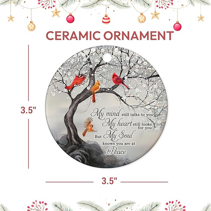 HYTURTLE My Mind Still Talks to You Cardinal Circle Ceramic Ornament - Memorial Christmas Ornament Gifts for Loss of Loved One in Heaven - Memorial Hanging Home Decorations Ornaments - 3' Inch