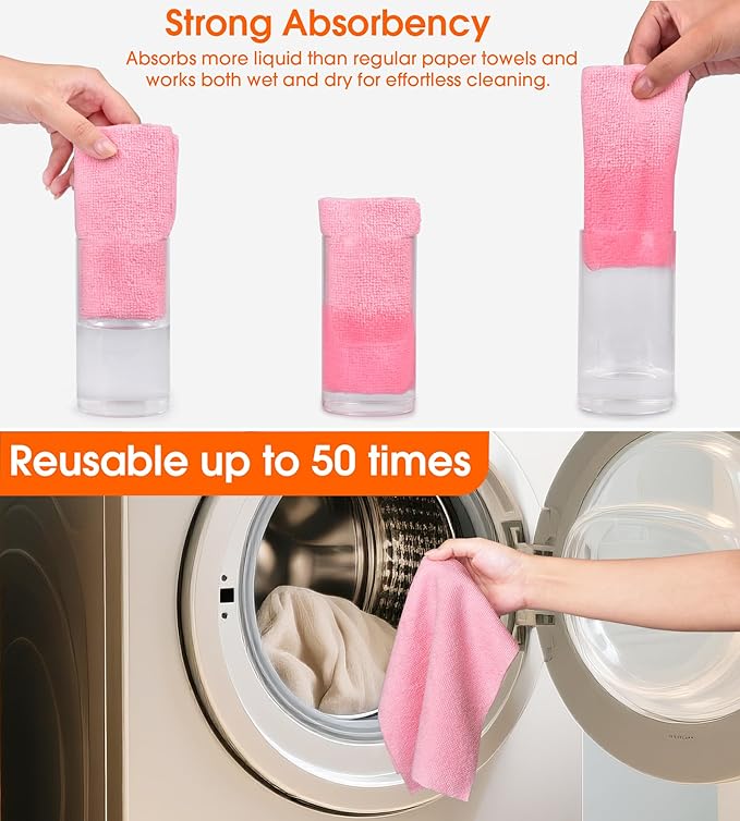 Roll of Microfiber Cleaning Cloth –100 Pack, Tear Away Microfiber Towels, Reusable, Washable, Scratch-Free, Cleaning Supplies,Kitchen Towels for Car, Home, Kitchen, Dishes (Pink)