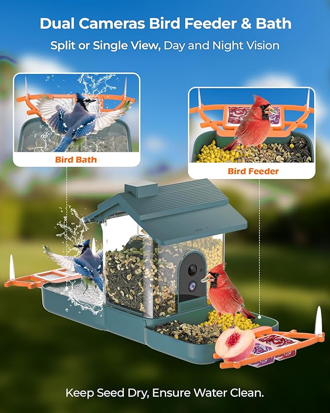 2-in-1 Bird Bath and Bird Feeder with Cameras Solar Powered 2K Dual Cameras Birds Feeder and Bath for Outside Yard Garden, Gift for Dad Mom Kids (Deep Blue + Orange)