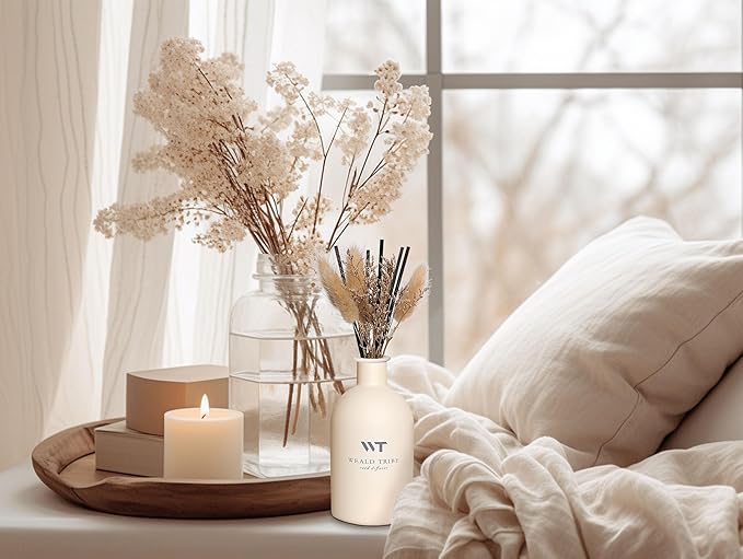 WEALD TRIBE Flower Reed Diffuser French Black Juniper & Cedar Scent for Bathroom Accessories Boho Shelf Decor & Air Fresheners, Defusers Set with 5.1 fl oz Essential Oils, House Office Decor