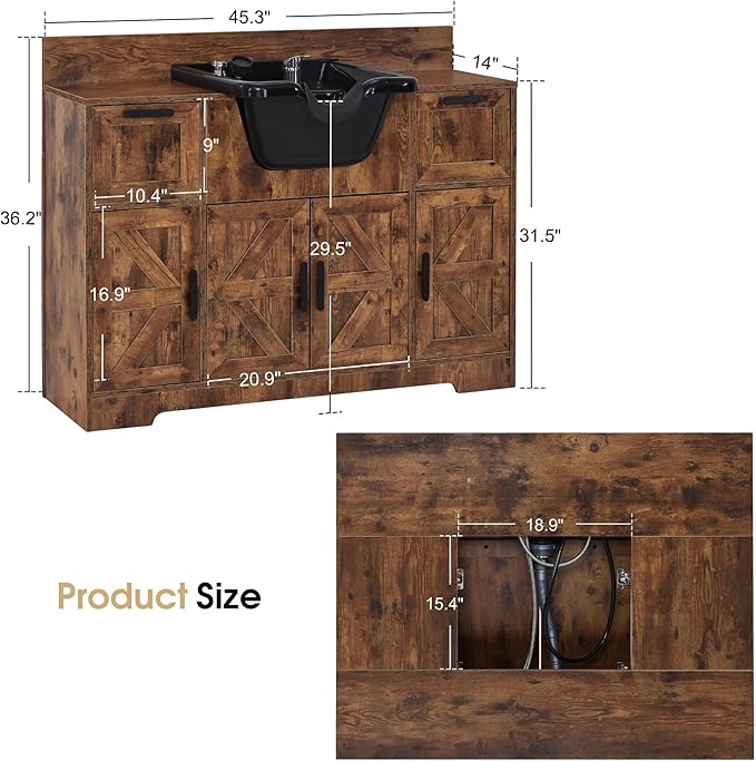 BarberPub Portable Shampoo Station, Shampoo Bowl with Cabinet & Drawer, Salon Geometric Finish Station with Sprayer Faucet, Barber Storage Equipment with Hair Wash Backwash Sink 3439 (Rustic Brown)