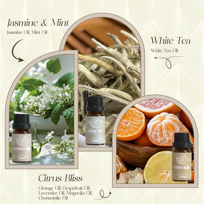 Hotel Diffuser Oils Gift Set, ARVIDSSON Luxury Fragrance Oil Blend, Hotel Scent Essential Oils for Diffuser, Jasmine & Mint, White Tea, Citrus Bliss, M-Way, Fancy Lobby, Gift for Women and Men