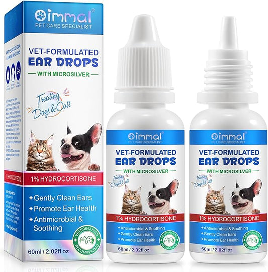 2Pcs Ear Drops for Dogs&Cats, Dog Ear Infection Treatment Drops with 1% Hydrocortisone for Dog Yeast Ear Infections, Soothes Itchy Ears, Prevents Infections, Safe for Puppies, Adult Dogs & Cats 2.02fl
