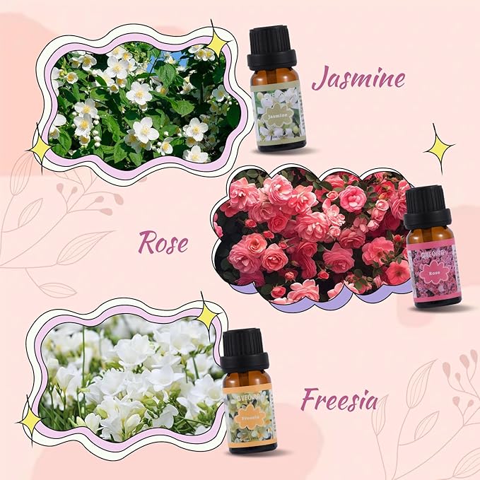 Floral Fragrance Oils Set, Premium Essential Oils Set for Diffuser, Candle, Soap Making Scented Oils, Cherry Blossom, Jasmine, Freesia, Honeysuckle, Rose, Gardenia, 6x10ml