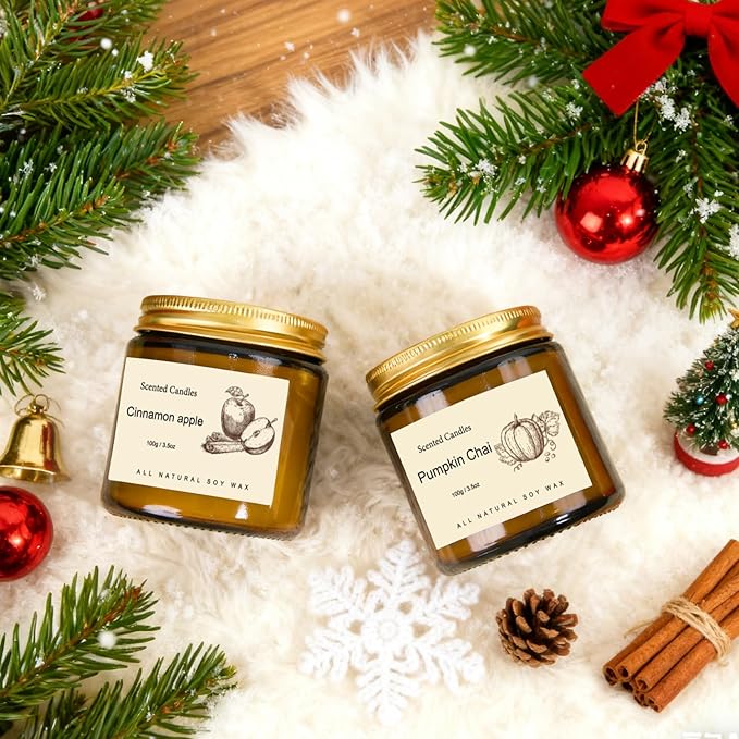 Long Lasting Soy Candles for Home, 6 Pack Holiday Scented Candle Gift Set with Cinnamon Apple, Pumpkin Chai & Vanilla, Natural Aromatherapy Candles, Christmas Gifts for Women