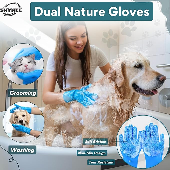 8PCs Dog Grooming Kit - Dog Shampoo Brush | Washing Gloves | Adjustable dog Bath Brush | DOG Paw Cleaner | 2x 360 ToothBrush | Scrubber with Handle for Bath & Massage - A Complete Pet Grooming Kit