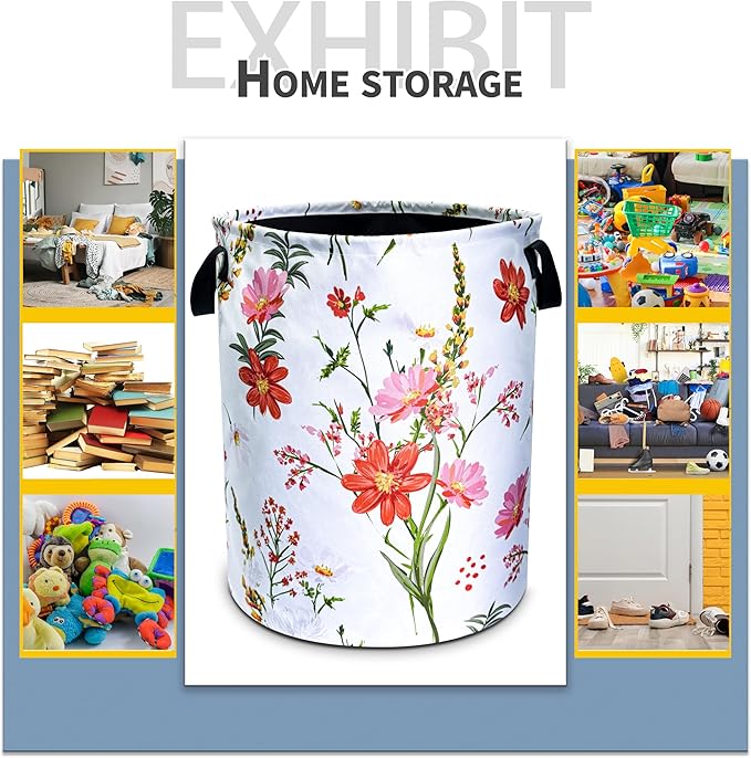 Beautiful Flowers Laundry Basket Pink Red Floral Foldable Oxford Cloth Funny Tote Bag Laundry Hamper Clothes Storage Bucket Toy Organizer For Bathroom/Laundry Storage/Bedroom 18.9x16.5 Inch