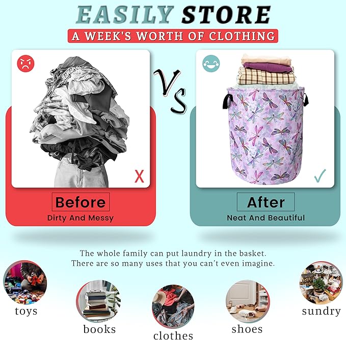 Watercolor Dragonfly Laundry Basket Foldable With Handles Tote Bag Oxford Cloth Colorful Laundry Hamper Clothes Storage Bucket Toy Organizer 18.9"x16.5" For Bathroom/Laundry/Bedroom