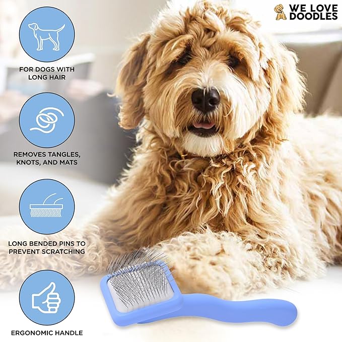 We Love Doodles Grooming Bundle Extra Small Dog Slicker Brush & Lavender USDA Organic Dog Shampoo - for Grooming Pet Hair, Long Pin Brush For Dematting - Sensitive Skin Shampoo for Puppies