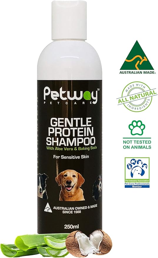 Petway Petcare Dog Shampoo for Pets with Sensitive Skin, Gentle Protein Pet Shampoo with Baking Soda and Aloe Vera, Gluten Free, Eliminates Pet Odor, Dandruff, 250ml