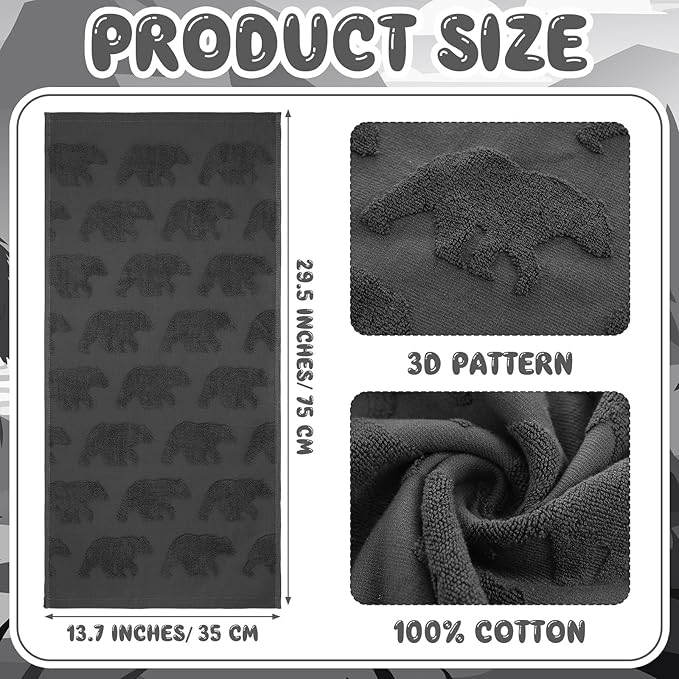 2 Pcs Bear Jacquard Hand Towels for Bathroom Charcoal Dark Gray Hand Towels 100% Cotton Absorbent Decorative Weave Neutral Bathroom Decor, 13.7 x 29.5 Inch