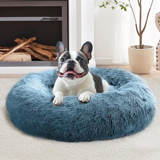 JOLLYVOGUE Small Dog & Cat Beds for Indoor Cats, Donut Cuddler Warming Soft Dog Beds with Anti-Slip Bottom, Round Calming Fluffy Plush Faux Fur Cushion Bed for Medium Dogs (31", Blue)