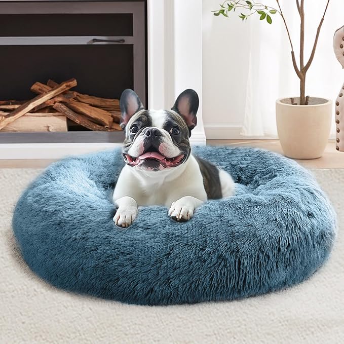 JOLLYVOGUE Small Dog & Cat Beds for Indoor Cats, Donut Cuddler Warming Soft Dog Beds with Anti-Slip Bottom, Round Calming Fluffy Plush Faux Fur Cushion Bed for Small Dogs (23", Blue)