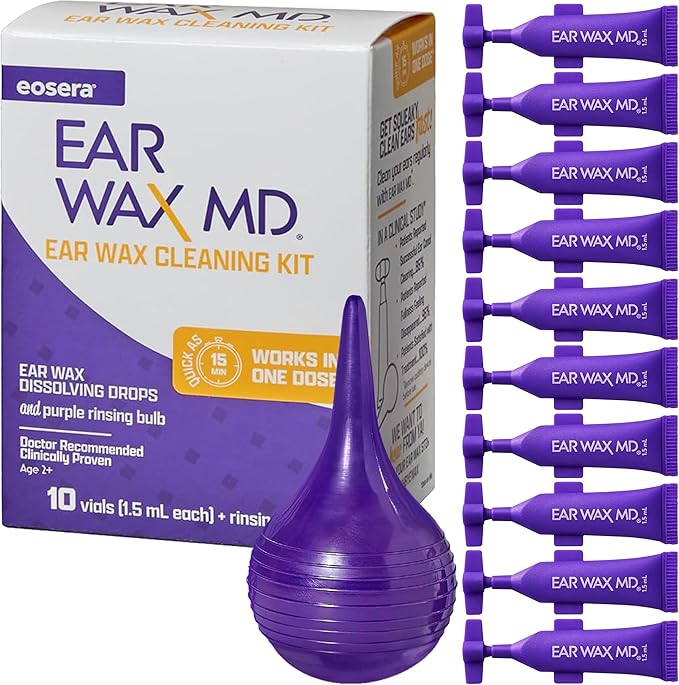 eosera Ear Wax MD Cleaning Kit - Fast-Acting Ear Wax Removal Drops & Rinse Bulb - Doctor Recommended, Clinically Proven Earwax Dissolver for Adults & Kids - Works in 15 Minutes - 10 Vials