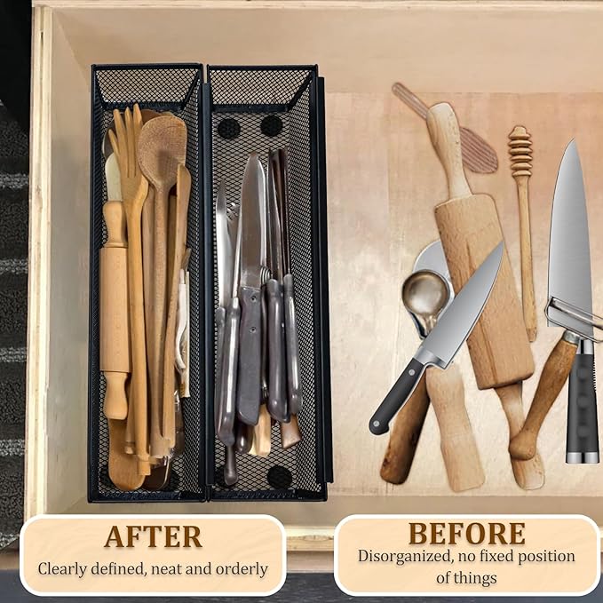 4PCS Drawer Organizer for Kitchen, Utensil Mesh Organizer With Interlocking Arm for Cosmetic, Flatware, Pen (12 * 3 * 2 Inches, Black)