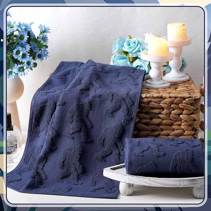 2 Pcs Bigfoot Sasquatch Hand Towels for Bathroom, Dark Blue 100% Cotton Absorbent Big Foot Jacquard Weave Funny Decorative Towels for Bathroom Kitchen Decor Gift, 13.7 x 29.5 Inch