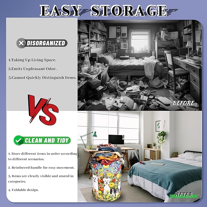 Watercolor Flowers Animal Dogs Laundry Hamper Oxford Cloth Dog Funny Laundry Basket With Handle Portable Clothes Storage Basket Foldable Laundry Bag 18.9"x16.5" For Laundry Room/Bedroom/Bathrooms