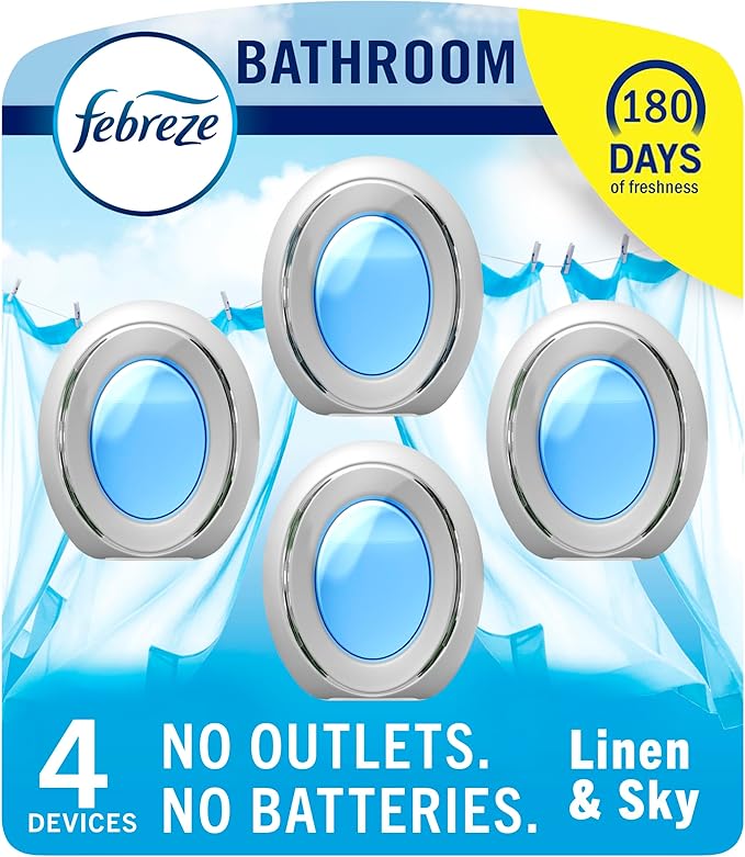 Febreze Bathroom Air Freshener, Odor-Fighting, Plug In Alternative, Air Fresheners for Home and Bathroom and Kitchen, Closet Air Fresheners, Linen & Sky Scent, 4 Count
