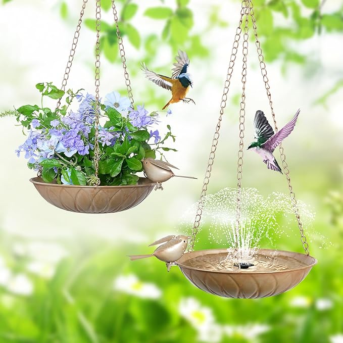 2 Pack Hanging Bird Bath for Outside, Metal Birds Feeder & Water Bowl with Chains and S-Hooks,Birdbath Hanging for Outdoors Bird Feeder Seed Tray Garden Yard Decor (Rustic Gold)