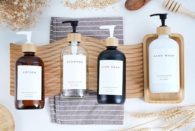 Emerson Soap Dispenser, Dish Soap Dispenser for Kitchen, Soap Dispenser Bathroom Set - Hand Soap Dispenser, Kitchen Soap Dispenser Set, Glass Soap Dispenser with Pump and Labels, 16 Oz | 2-Pack