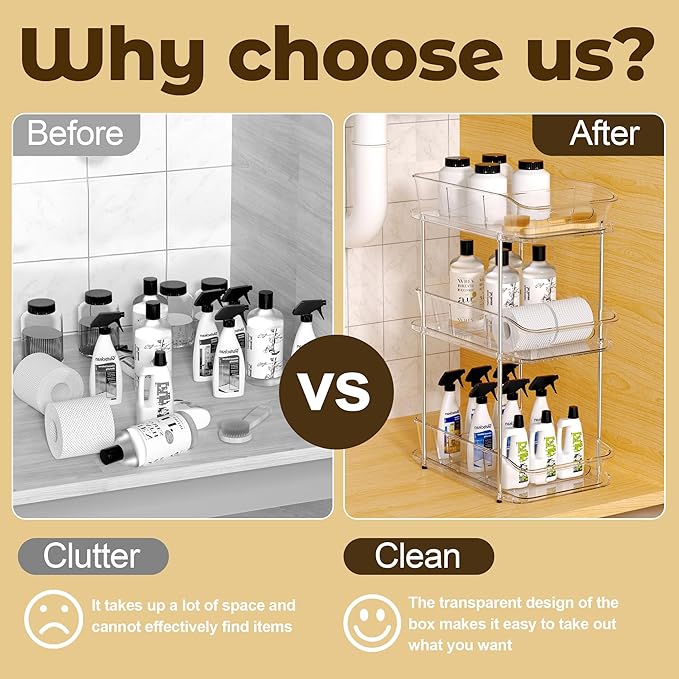 3 Tier Under Sink Organizer and Storage - Multi-Purpose Stackable Pantry Organizer with Pull-Out Clear Bins and Movable Dividers for Kitchen and Bathroom Cabinet