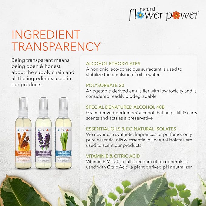 Natural Flower Power Air Freshener Spray - Odor Eliminator with Essential Oils for Home, Car & Fabric - Cruelty Free & Vegan - Variety Pack - Citrus & Spice + Lavender + Lemongrass - 3 x 4 fl oz