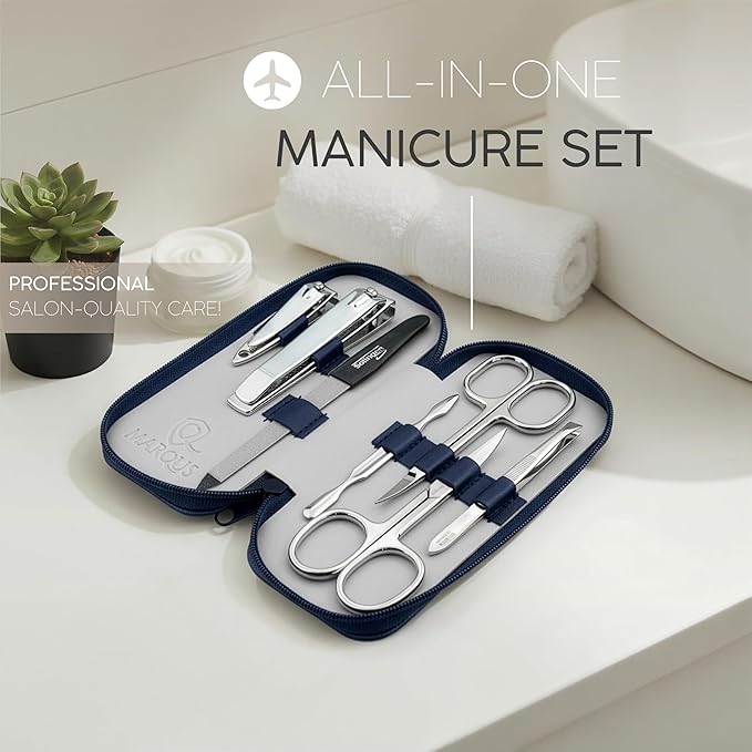 Manicure Set Solingen Made in Germany - 7 Piece Exclusive Finger & Toe Nail Clippers Kit for Women and Men in Real Leather Case, Color Blue